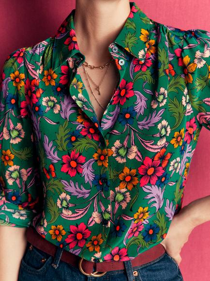 Boden Sara Floral Silk Long Sleeve Top, Green Bouquet - view 2, Green Bouquet