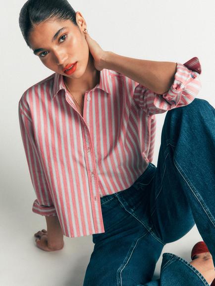 Boden Sienna Cotton Stripe Shirt, Red/Navy, Red/Navy
