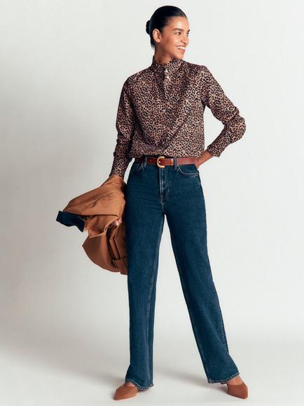 Boden Sienna Cotton Animal Print Frill Collar Shirt, Demerara, Demerara