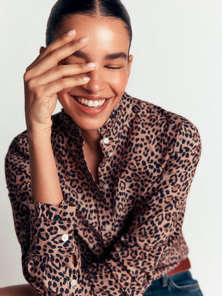 Boden Sienna Cotton Animal Print Frill Collar Shirt, Demerara - view 2, Demerara