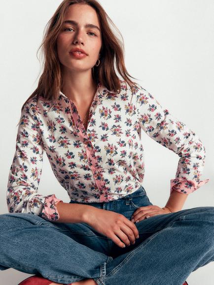 Boden Sienna Cotton Floral Long Sleeve Shirt, Soft Cream Garden, Soft Cream Garden