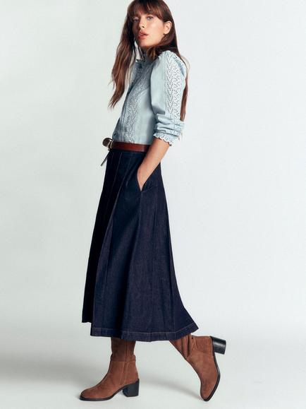 Boden Aya Denim A-Line Pleated Midi Skirt, Indigo, Indigo