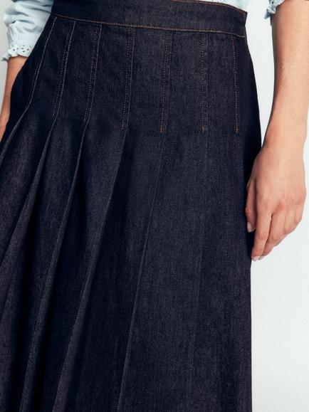 Boden Aya Denim A-Line Pleated Midi Skirt, Indigo - view 2, Indigo