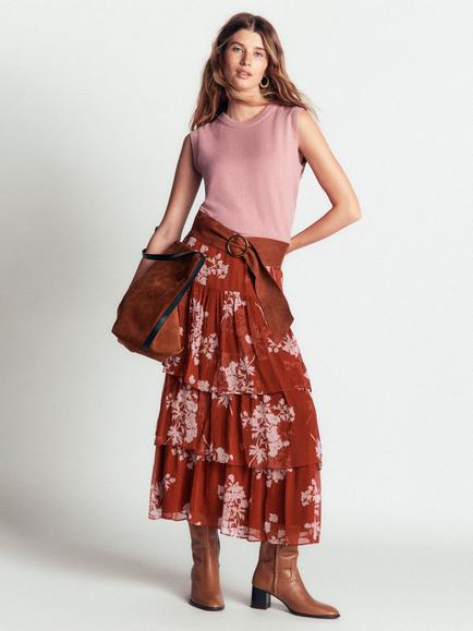Boden Tiered Ruffle Midi Skirt, Arabian Spice Bunch, Arabian Spice Bunch