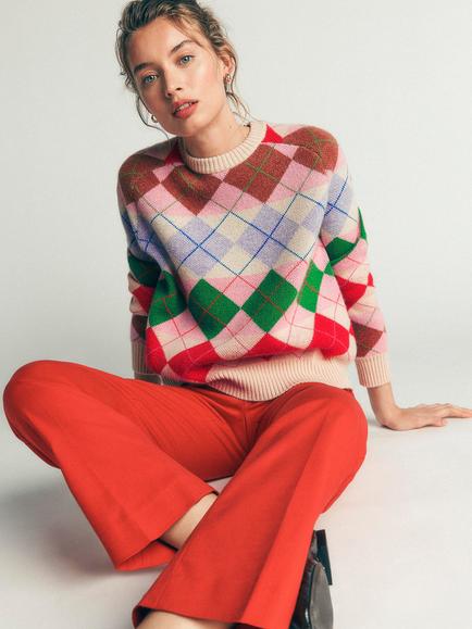 Boden Ariadne Check Crew Neck Jumper, Multi/Argyle - view 2, Multi/Argyle