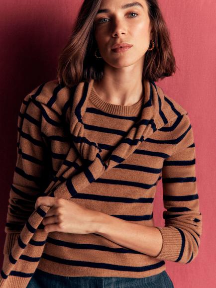 Boden Elsie Pure Cashmere Stripe Crew Neck Jumper, Warm Ginger, Warm Ginger