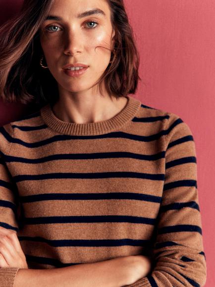 Boden Elsie Pure Cashmere Stripe Crew Neck Jumper, Warm Ginger - view 2, Warm Ginger