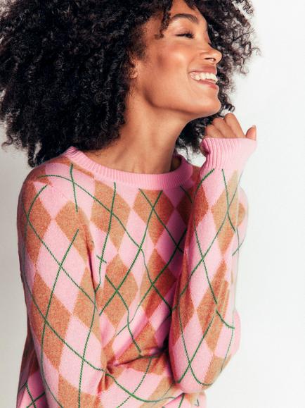 Boden Elsie Pure Cashmere Geometric Crew Neck Jumper, Pink Heather - view 2, Pink Heather