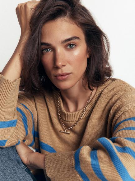 Boden Lucy Relaxed Cotton Jumper, Camel/Blue - view 2, Camel/Blue