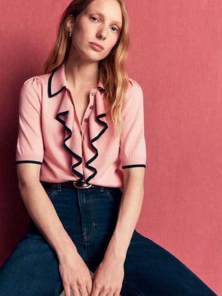 Boden Ruffle Collar Cotton Rich Jumper, Blush Ivory - view 2, Blush Ivory