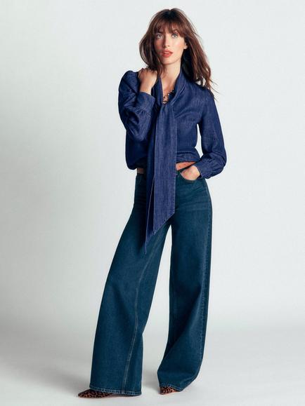 Boden Clara Tie Neck Long Sleeve Top, Dark Indigo, Dark Indigo