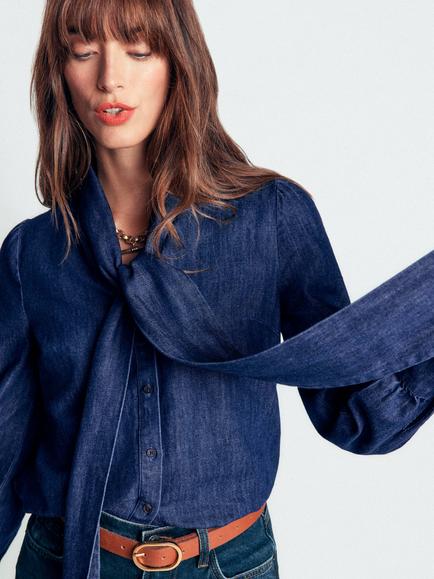 Boden Clara Tie Neck Long Sleeve Top, Dark Indigo - view 2, Dark Indigo