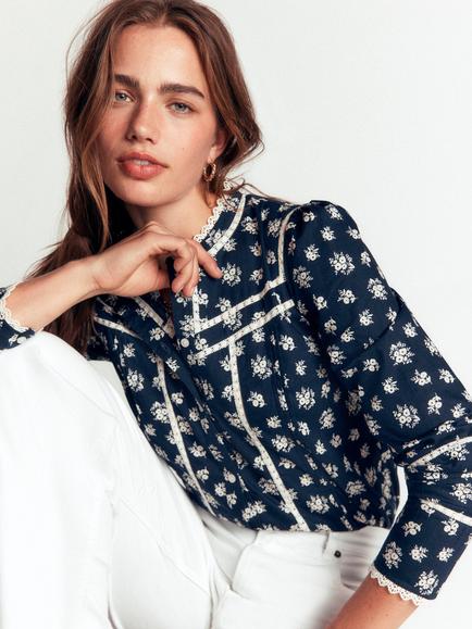 Boden Carmen Floral Lace Trim Top, French Navy Garden, French Navy Garden