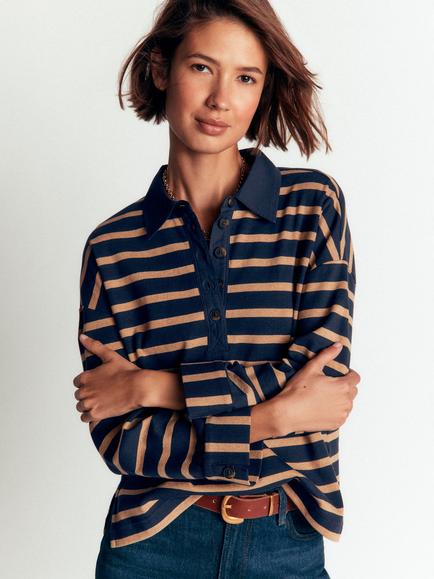 Boden Breton Stripe Rugby Shirt, Navy/Camel, Navy/Camel