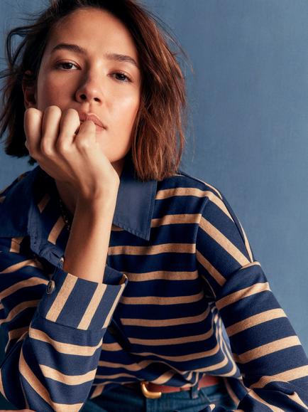 Boden Breton Stripe Rugby Shirt, Navy/Camel - view 2, Navy/Camel