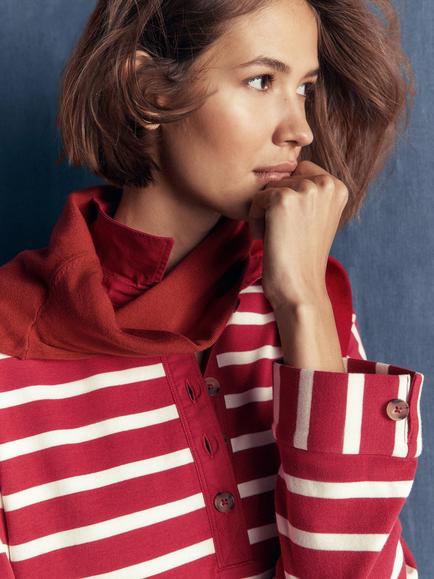 Boden Breton Stripe Rugby Shirt, Garnet/Ivory - view 2, Garnet/Ivory