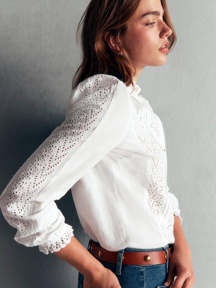 Boden Cotton Broderie Long Sleeve Top, Ivory - view 2, Ivory