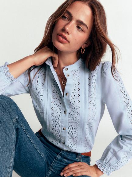 Boden Cotton Broderie Long Sleeve Top, Niagra Mist, Niagra Mist