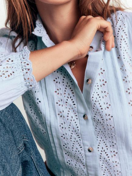 Boden Cotton Broderie Long Sleeve Top, Niagra Mist - view 2, Niagra Mist