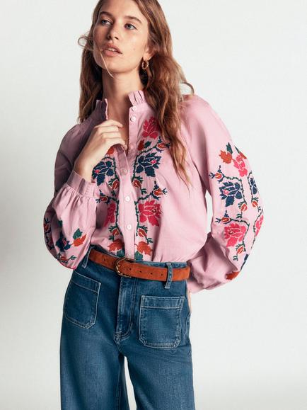 Boden Erica Embroidered Floral Long Sleeve Cotton Top, Embroidered Floral