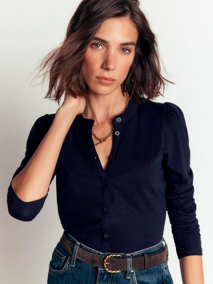 Boden Imi Cotton Blend Puff Sleeve Jersey Top, Navy, Navy