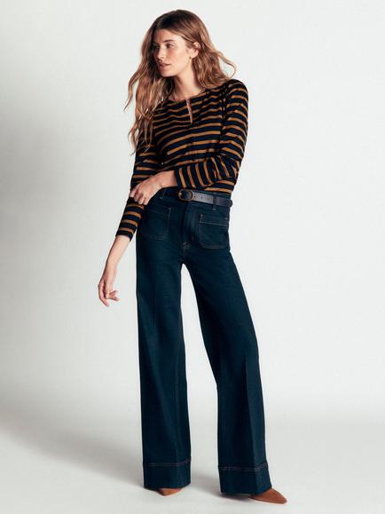 Boden Iris Puff Sleeve Cotton Jersey Top, Navy/Dijon, Navy/Dijon