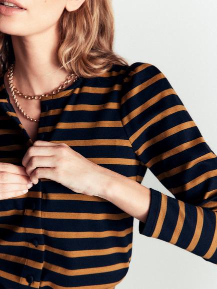 Boden Iris Puff Sleeve Cotton Jersey Top, Navy/Dijon - view 2, Navy/Dijon