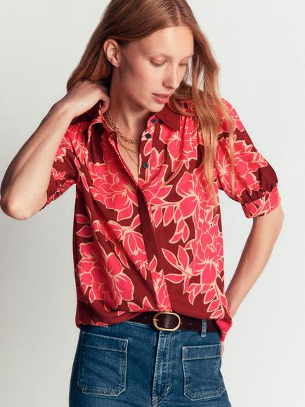 Boden Penelope Floral Short Sleeve Top, Rouge Peony, Rouge Peony