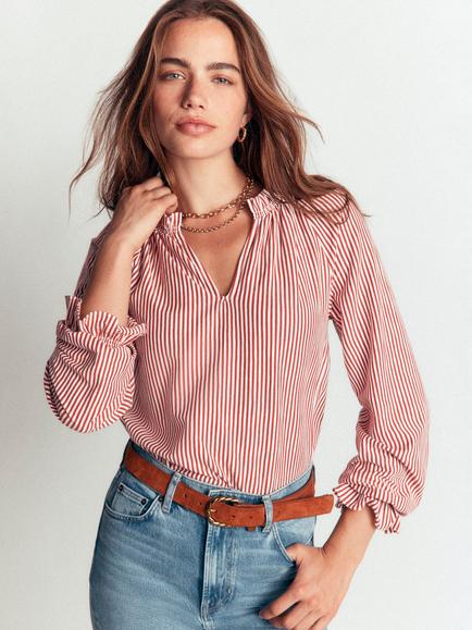 Boden Pia Cotton Stripe Ruffle Trim Long Sleeve Top, Burnt Orange Stripe, Burnt Orange Stripe