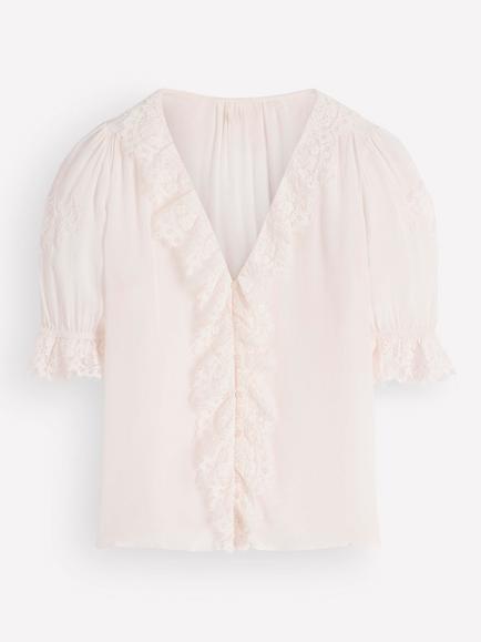 Boden Ruffle V-Neck Lace Elbow Length Top, Ivory, Ivory