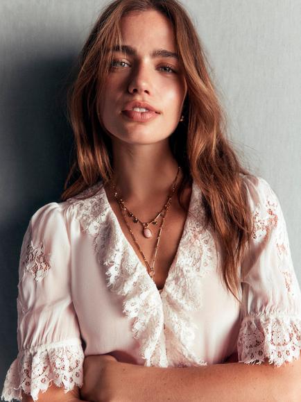 Boden Ruffle V-Neck Lace Elbow Length Top, Ivory - view 2, Ivory