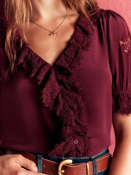 Boden Ruffle Lace Short Sleeve Top, Deep Wisteria - view 2, Deep Wisteria