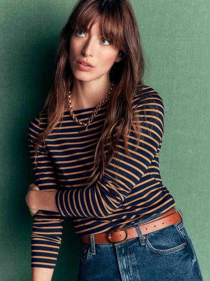 Boden Stripe Slash Neck Long Sleeve Top, Navy/Dijon, Navy/Dijon