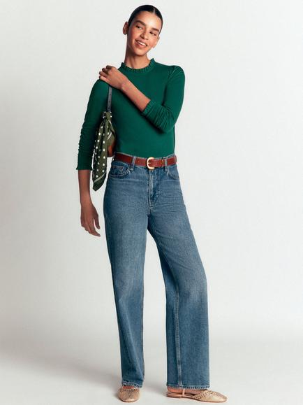Boden Supersoft Frill Neck Long Sleeve Top, Midnight Teal, Midnight Teal