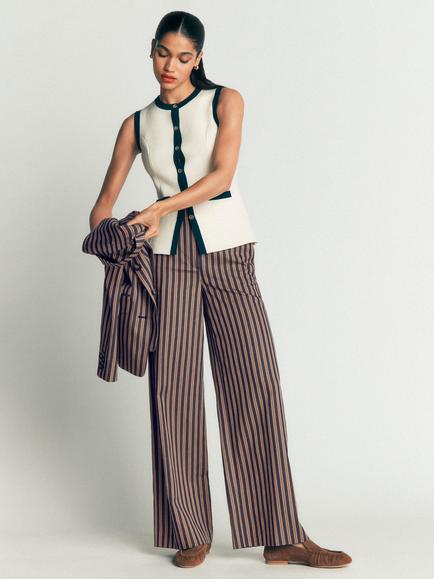 Boden Belgravia Stripe Wide Leg Trousers, Navy/Camel, Navy/Camel