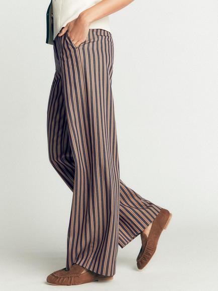 Boden Belgravia Stripe Wide Leg Trousers, Navy/Camel - view 2, Navy/Camel