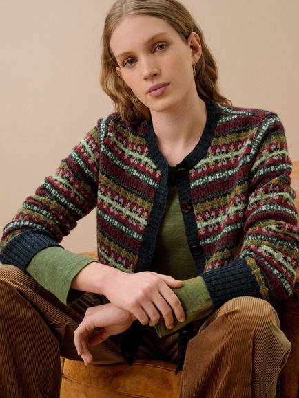 Brora Merino Wool Fair Isle Cardigan, Navy/Multi, Navy/Multi