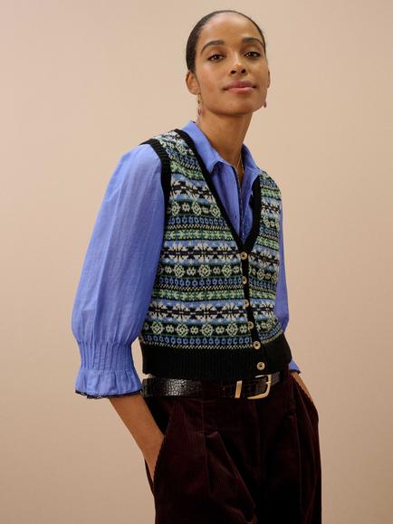 Brora Wool Fair Isle Print Sleeveless Cardigan, Black