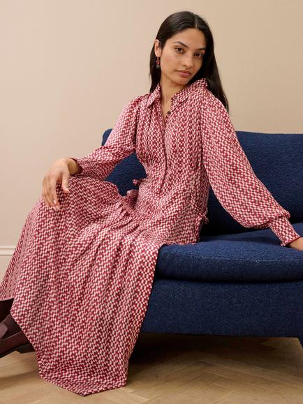 Brora Satin Finish Checkerboard Midi Dress, Claret/Ivory