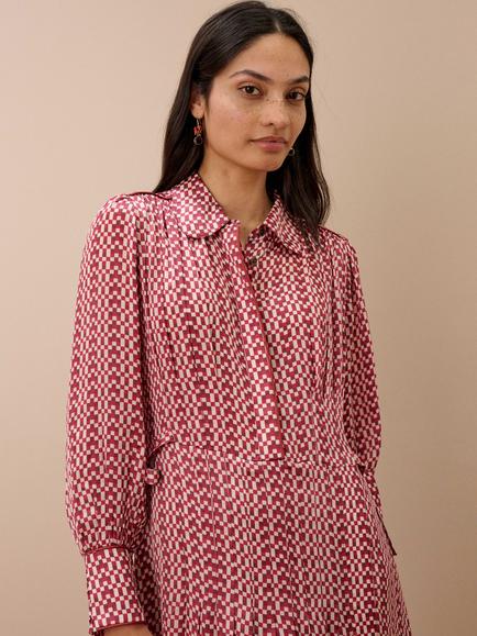 Brora Satin Finish Checkerboard Midi Dress - view 2, Claret/Ivory