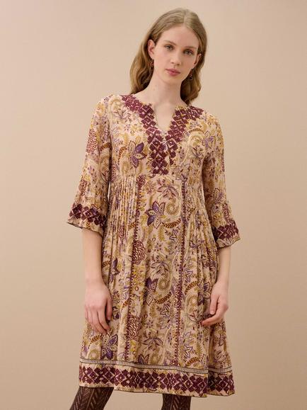 Brora Silk Embroidered Floral Knee Length Dress, Soft Mocha, Soft Mocha