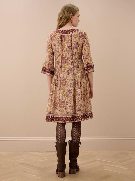Brora Silk Embroidered Floral Knee Length Dress, Soft Mocha - view 2, Soft Mocha