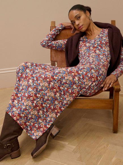 Brora Liberty Jersey Fit & Flare Dress, Spice Bloom - view 2, Spice Bloom