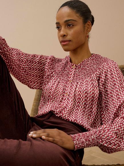 Brora Satin Finish Checkerboard Blouse, Claret/Ivory