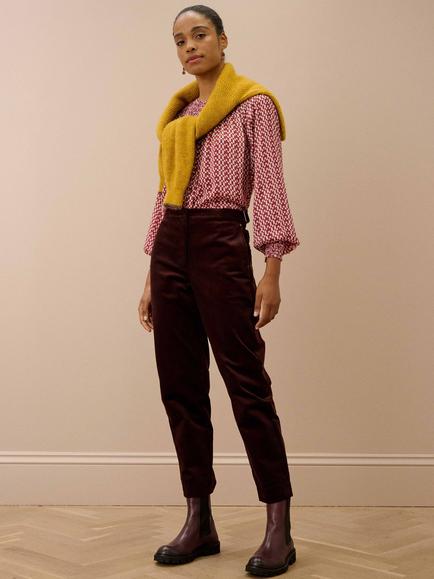 Brora Satin Finish Checkerboard Blouse - view 2, Claret/Ivory