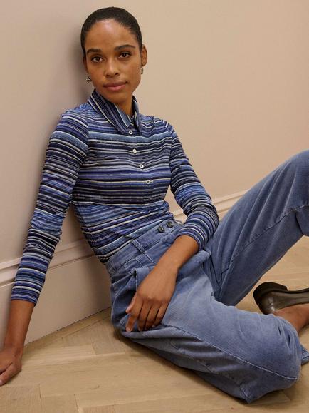 Brora Fine Stripe Jersey Top - view 2, Sky/Navy