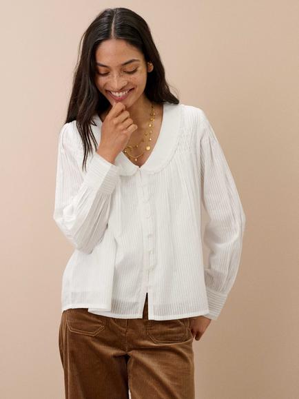 Brora Stripe Weave Lace Trim Blouse, White - view 2, White