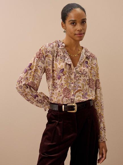 Brora Silk Floral Print Frill Front Blouse, Soft Mocha, Soft Mocha