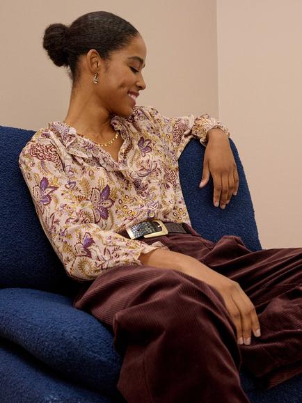 Brora Silk Floral Print Frill Front Blouse, Soft Mocha - view 2, Soft Mocha
