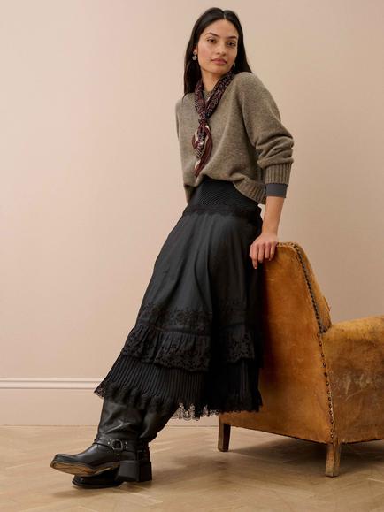 Brora Embroidered Floral Cotton Blend Maxi Skirt, Black/Multi, Black/Multi